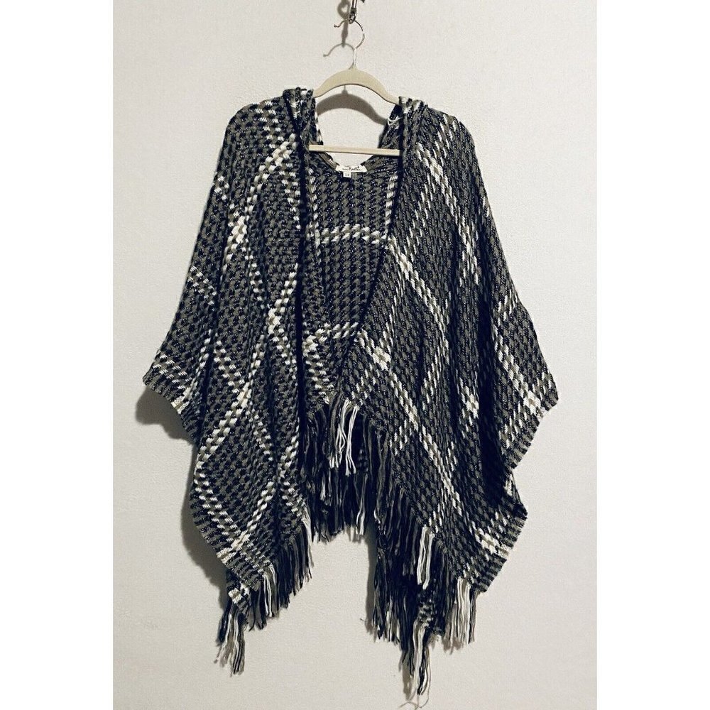 Simply Noelle Wrap Womens One Size Plaid Hooded Poncho Fringe Comfy Boho